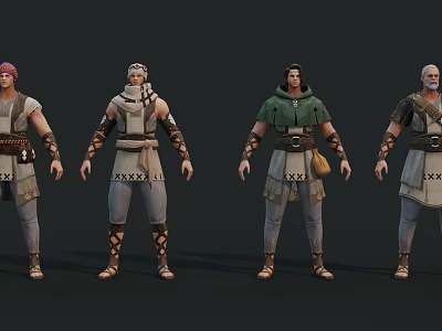 Detailed Ancient Style Game Film Characters With Diverse Hairstyles Costumes And Standing Poses 3d model
