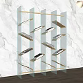 Modern Transparent Glass Bookcase with Golden Frame Slanted Shelves Against Marble Wall Background with Books