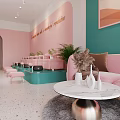 Pastel Living Room Interior With Pink Sofa Teal Walls Green Plants And Round Coffee Table