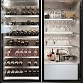 Stylish Wine Cabinet With Neatly Arranged Wine Bottles And Hanging Glasses