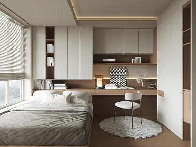 Modern Tatami Bedroom Bed Wardrobe Table Lamp Curtain Carpet Pillow 3d model
