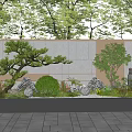 Modern Courtyard Garden Design With Gray Stone Wall Pine Tree Bushes And Round Lights