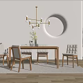 Wooden Dining Table Set With Six Gray Padded Chairs Chandelier And Round Wall Decor