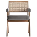 Modern Wooden Dining Chair With Rattan Backrest And Gray Upholstered Seat