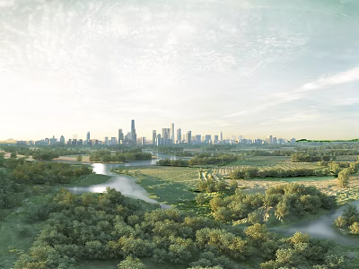 Urban Skyline With River And Green Landscape Surrounded By Lush Trees 3d model
