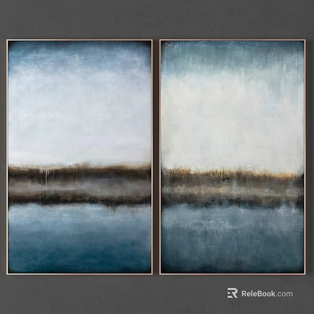 Modern Two Panel Framed Landscape Paintings With Blue Sky Water Reflection 3d model