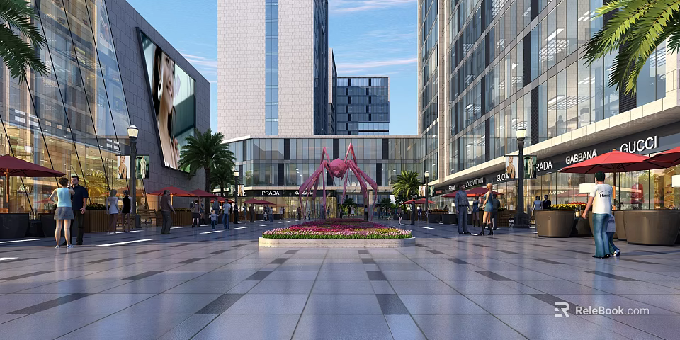 Modern Commercial Street Plaza With Tall Buildings Pink Fountain Palm Trees And Pedestrians 3d model 