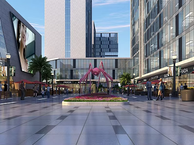 Modern Commercial Street Plaza With Tall Buildings Pink Fountain Palm Trees And Pedestrians 3d model
