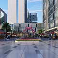 Modern Commercial Street Plaza With Tall Buildings Pink Fountain Palm Trees And Pedestrians