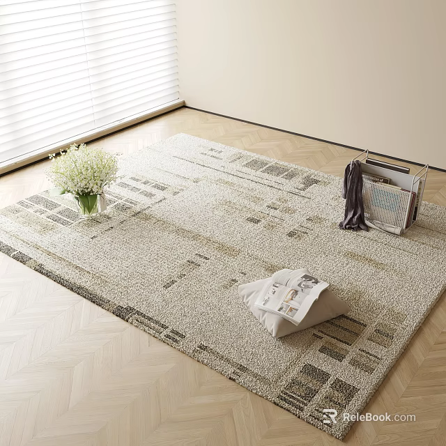 Modern Light Gray Square Rug With Geometric Patterns And White Flower Vase Magazines 3d model 