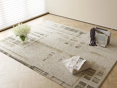 Modern Light Gray Square Rug With Geometric Patterns And White Flower Vase Magazines 3d model