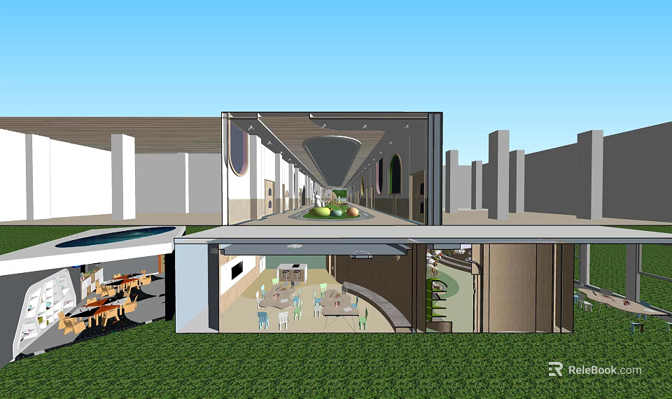 Modern Kindergarten Architecture With Glass Structure Open Play Area And Green Lawn 3d model 