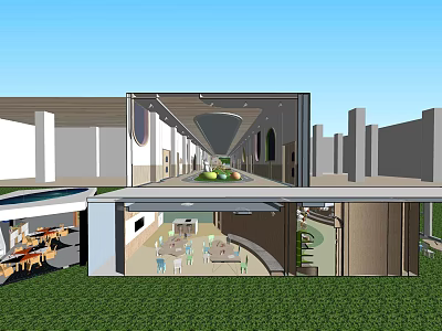 Modern Kindergarten Architecture With Glass Structure Open Play Area And Green Lawn 3d model