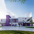 Modern School Building With White And Purple Facade Geometric Windows Open Plaza And Green Trees