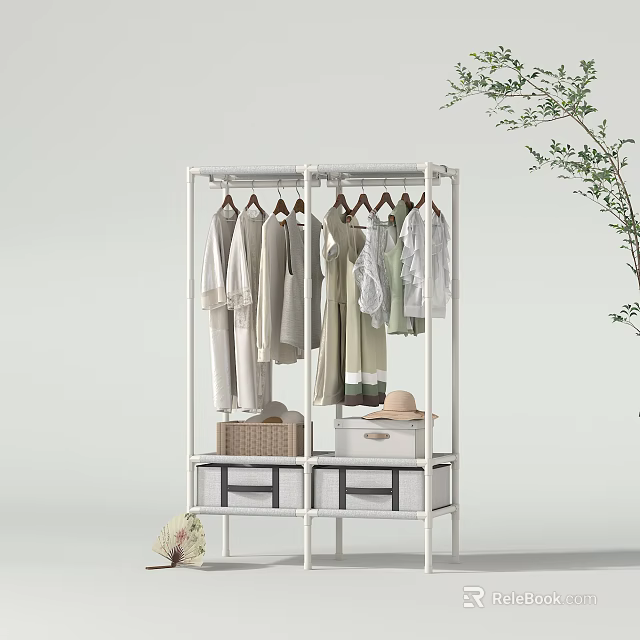 Modern White Clothes Rack With Hanging Clothes Storage Drawers And Hat 3d model