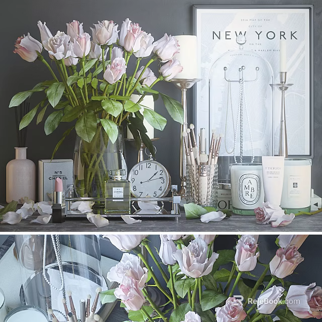 Elegant Perfumes and Cosmetics Display With Roses Skincare Bottles Lipstick and Vanity Tray 3d model 