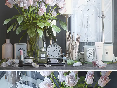 Elegant Perfumes and Cosmetics Display With Roses Skincare Bottles Lipstick and Vanity Tray 3d model