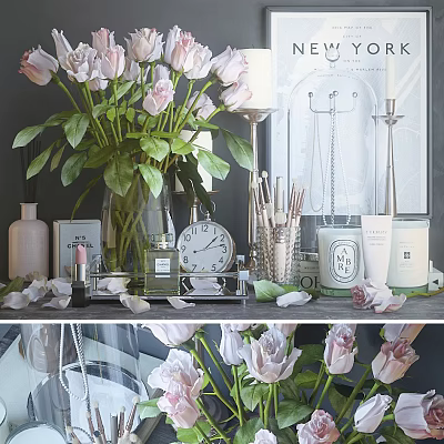 Elegant Perfumes and Cosmetics Display With Roses Skincare Bottles Lipstick and Vanity Tray 3d model