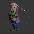 Chubby Old Man Cartoon Character With White Beard Green Top Purple Vest And Small Broom