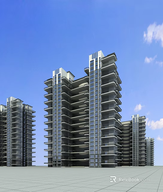 Modern High Rise Residential Building Exterior With Glass Facade And Balconies Under Blue Sky 3d model 