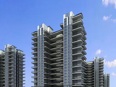 Modern High Rise Residential Building Exterior With Glass Facade And Balconies Under Blue Sky 3d model