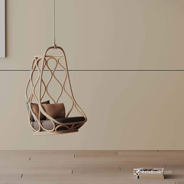 Hanging Rattan Leisure Chair With Brown Cushions In Room With Beige Wall And Wooden Floor 3d model 