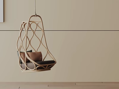 Hanging Rattan Leisure Chair With Brown Cushions In Room With Beige Wall And Wooden Floor 3d model