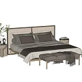 Double Bed with Wicker Headboard Gray Pillows Bed Bench and Nightstand with Plants 3d model