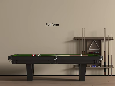 Poliform Billiard Table With Green Surface Billiard Balls And Cues On Cue Rack 3d model