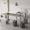 Minimalist Modern Tea Table Set with Chair Stools Bench Tea Set and Vase 3d model