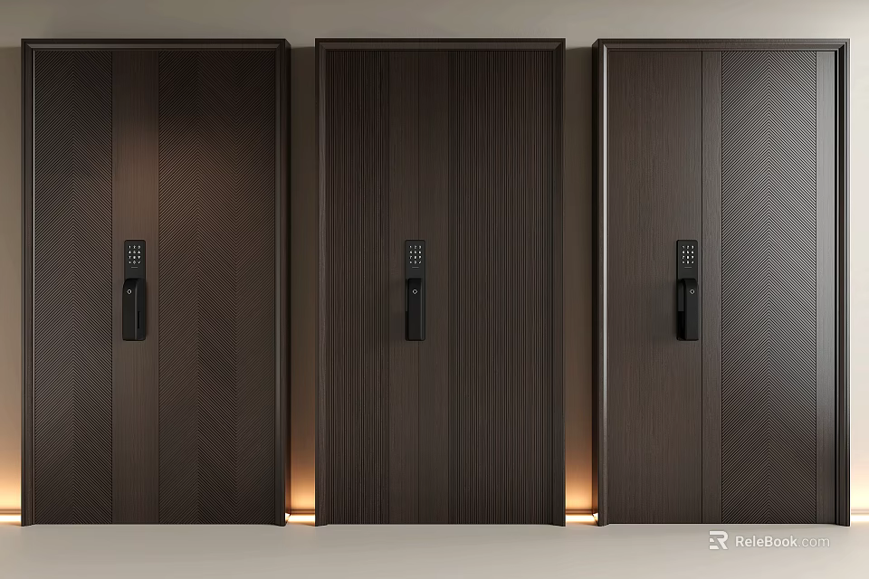 Dark Wooden Security Doors with Textured Panels Black Locks and Warm Base Lighting 3d model 