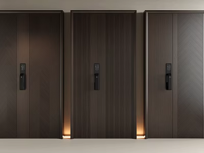 Dark Wooden Security Doors with Textured Panels Black Locks and Warm Base Lighting 3d model