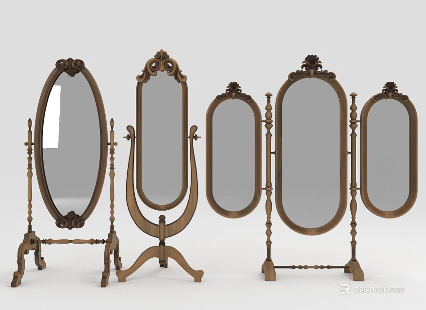Ornate Brass Floor Mirrors With Carved Details Various Styles For Home 3d model 