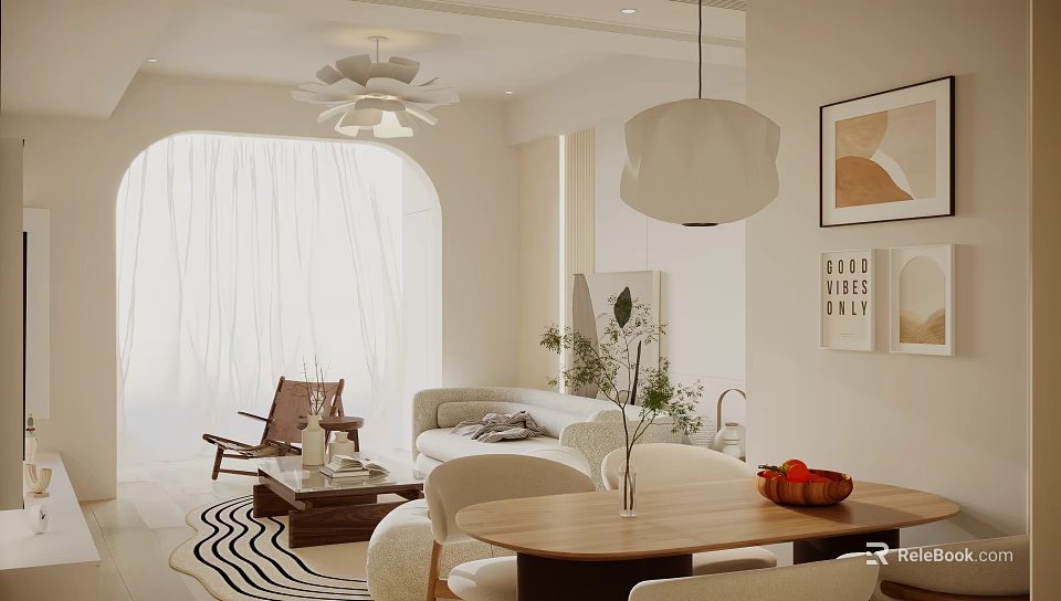 Modern Dining and Living Room Interior With Sofa Coffee Table Dining Table And Pendant Light 3d model