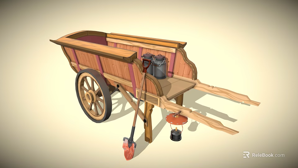 Rustic Vintage Wooden Cart With Wheel Shovel Lantern And Metal Bucket 3d model 