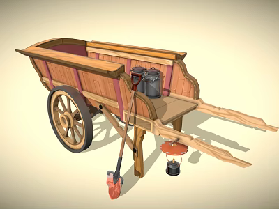 Rustic Vintage Wooden Cart With Wheel Shovel Lantern And Metal Bucket 3d model