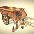 Rustic Vintage Wooden Cart With Wheel Shovel Lantern And Metal Bucket