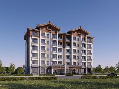 Chinese Style Multi story Residential Building With Traditional Overhanging Eaves And Green Surroundings 3d model