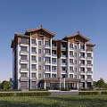Chinese Style Multi story Residential Building With Traditional Overhanging Eaves And Green Surroundings