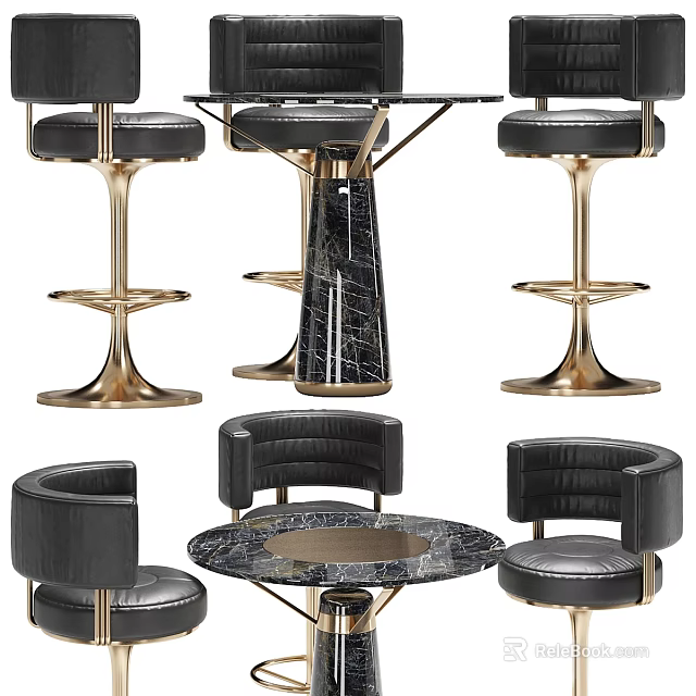 Elegant Modern Dining Table Set With Black Leather Seats And Golden Marble Top 3d model 