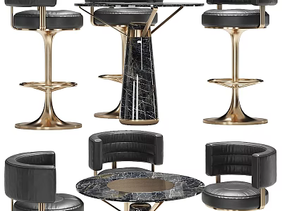 Elegant Modern Dining Table Set With Black Leather Seats And Golden Marble Top 3d model