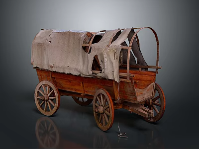 Vintage Old Covered Wagon Featuring Wooden Structure Worn Canvas Cover and Rustic Wooden Wheels 3d model