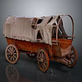 Vintage Old Covered Wagon Featuring Wooden Structure Worn Canvas Cover and Rustic Wooden Wheels