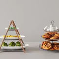 Three Tiered Serving Platter Set With Wooden Metal Frames Holding Fruits Vegetables And Assorted Snacks
