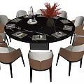 Modern Round Table And Chair Set With Black Tabletop Beige Brown Seats Red Flower Tableware