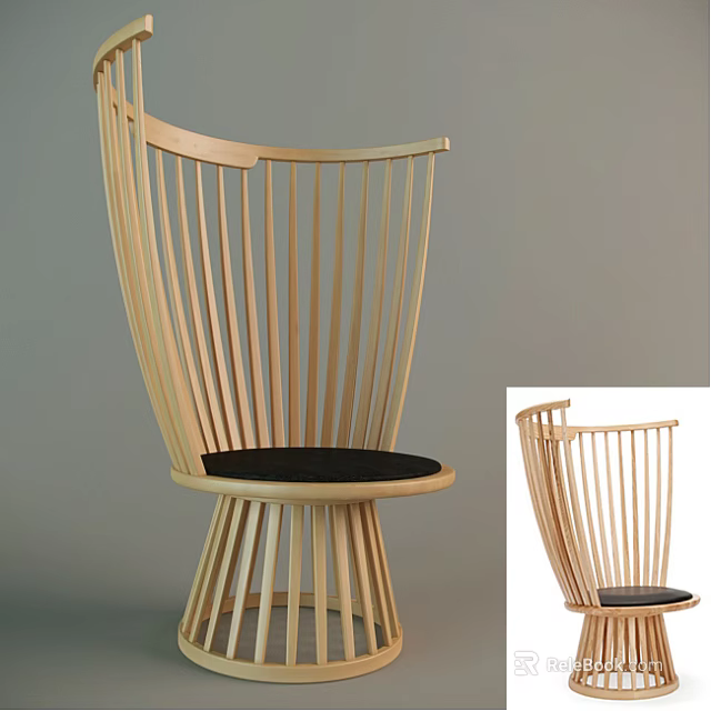Modern Minimalist Leisure Chair With Slatted Wooden Back Round Base And Black Cushion 3d model 
