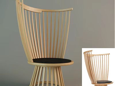 Modern Minimalist Leisure Chair With Slatted Wooden Back Round Base And Black Cushion 3d model