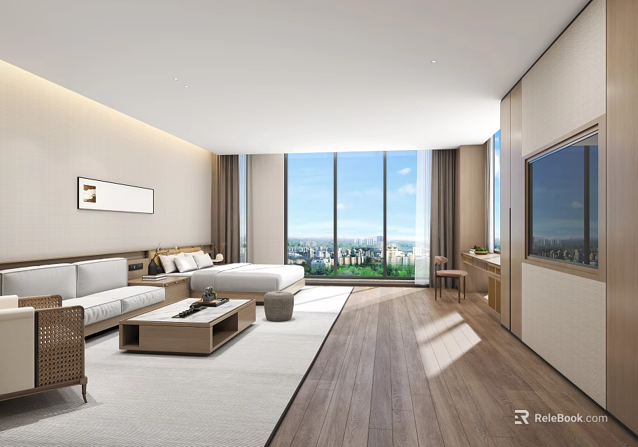 Hotel Room Interior With Sofa Bed Large Windows City View Wooden Flooring and TV 3d model 