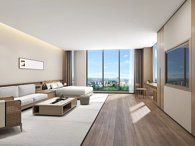 Hotel Room Interior With Sofa Bed Large Windows City View Wooden Flooring and TV 3d model