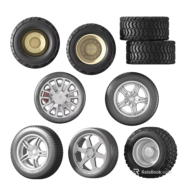 Tires Featuring Various Wheel Rim Designs And Stacked Display With Multiple Styles 3d model
